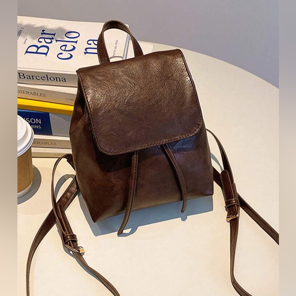 Mini Brown Flap Backpack Vintage Drawstring Design - image 1